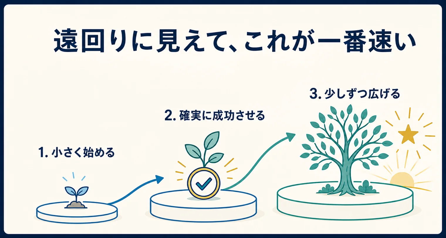 図解：遠回りに見えて、これが一番速い。1 小さく始める、2 確実に成功させる、3 少しずつ広げる